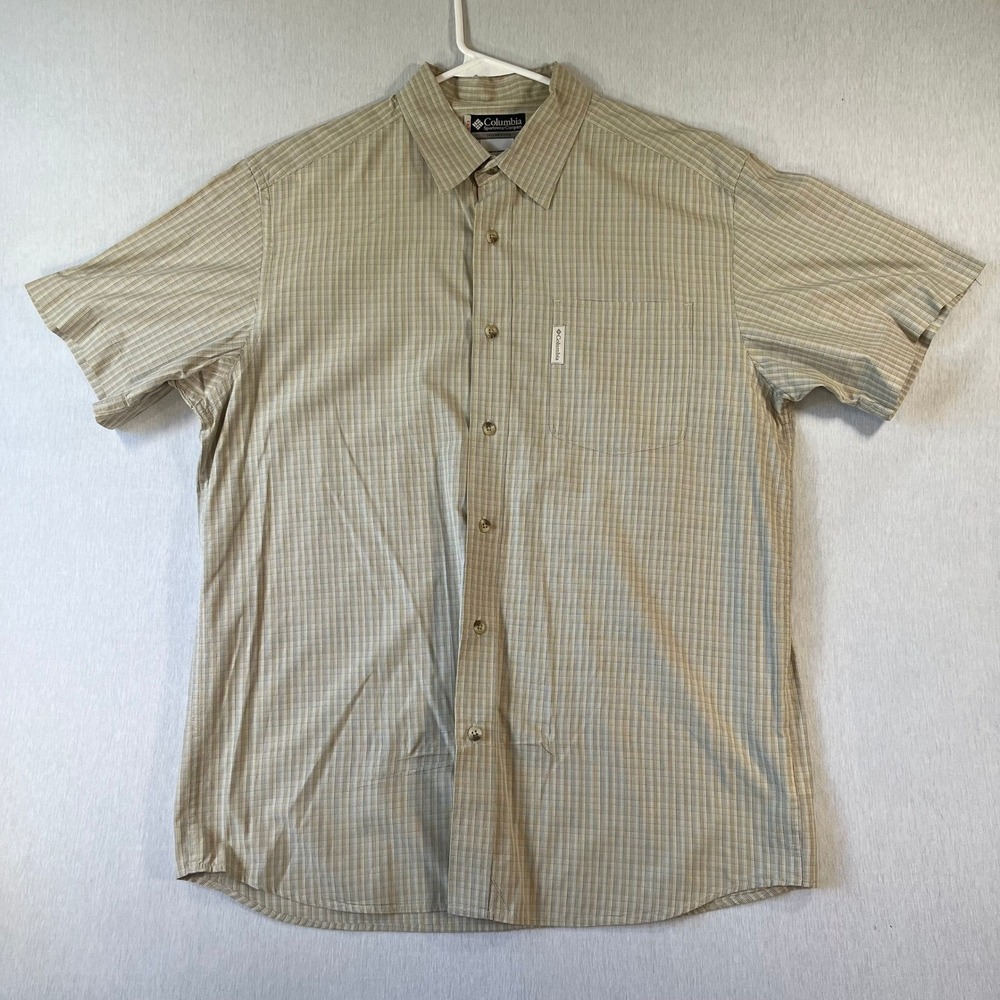 Columbia Shirt Mens L Tan Blue Plaid Short Sleeve Button Down Cotton Comfy